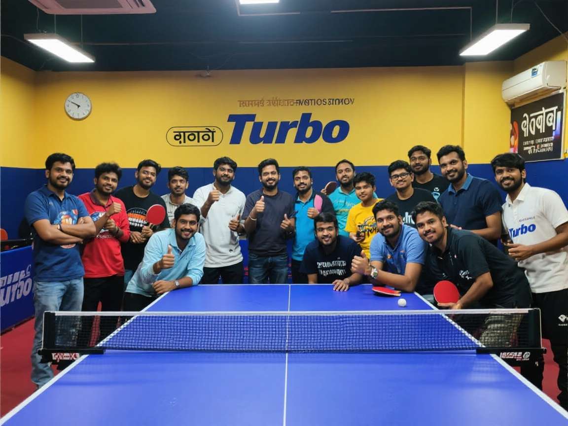 Turbo Table Tennis India Community Meetup Turbo Table Tennis India community meetup in Mumbai with players gathered to compete in a local tournament, showing mobile devices and a scoreboard