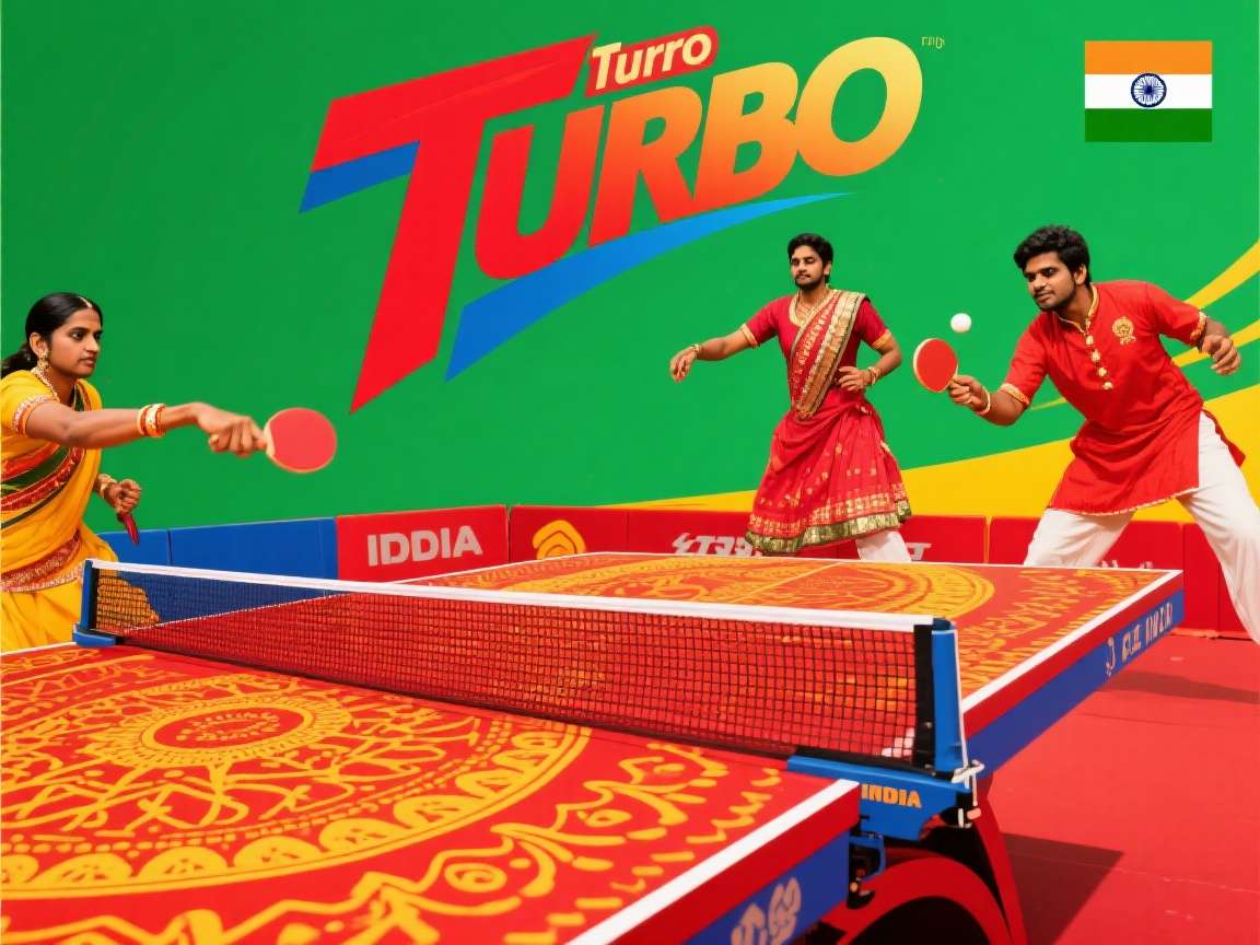 Turbo Table Tennis India Cultural Elements Turbo Table Tennis India screenshot showing player avatars in traditional Indian clothing like kurta-pajama and saree, with a background featuring Indian architectural elements